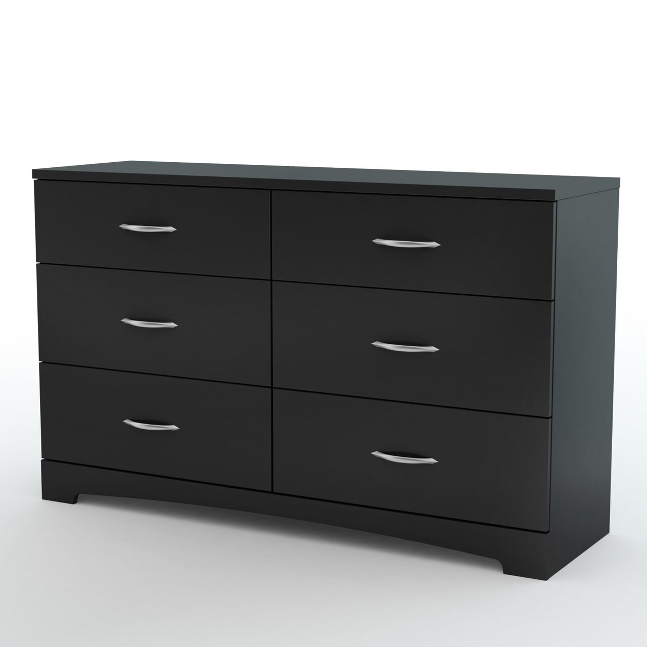 Contemporary 6-Drawer Black Dresser with Matte Chrome Handles and Smooth Laminated Finish
